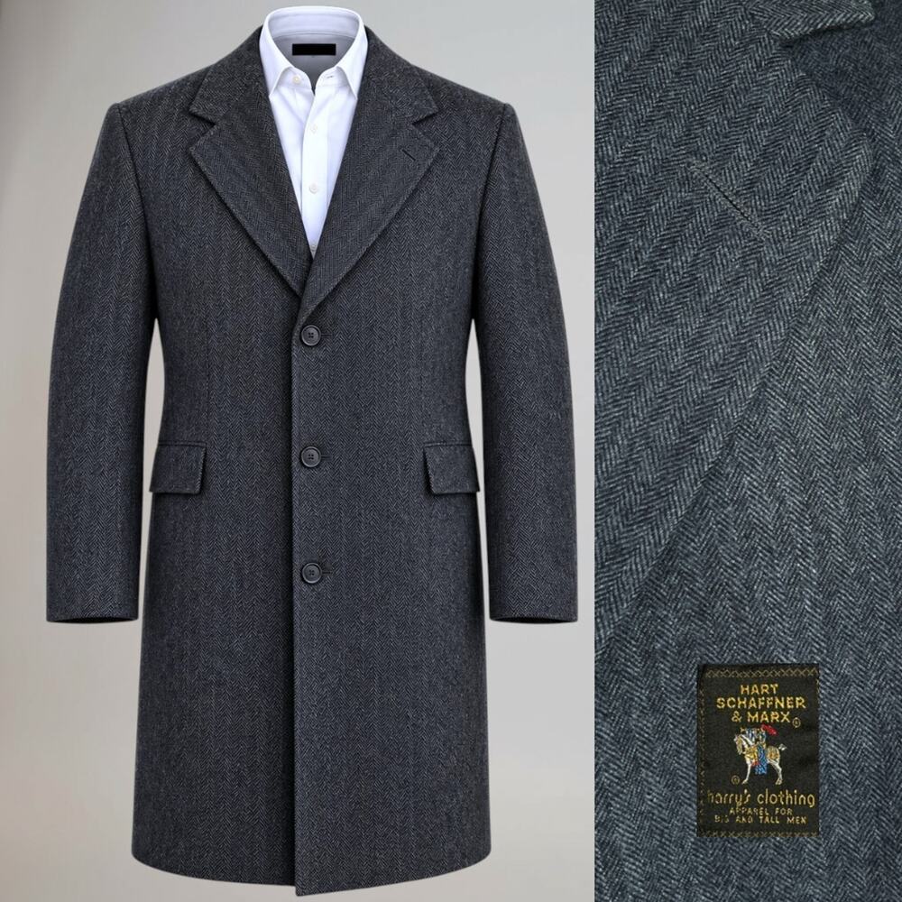 Hart Schaffner Marx Virgin Wool Herringbone Overcoat 48L Gunmetal Gray Top Coat